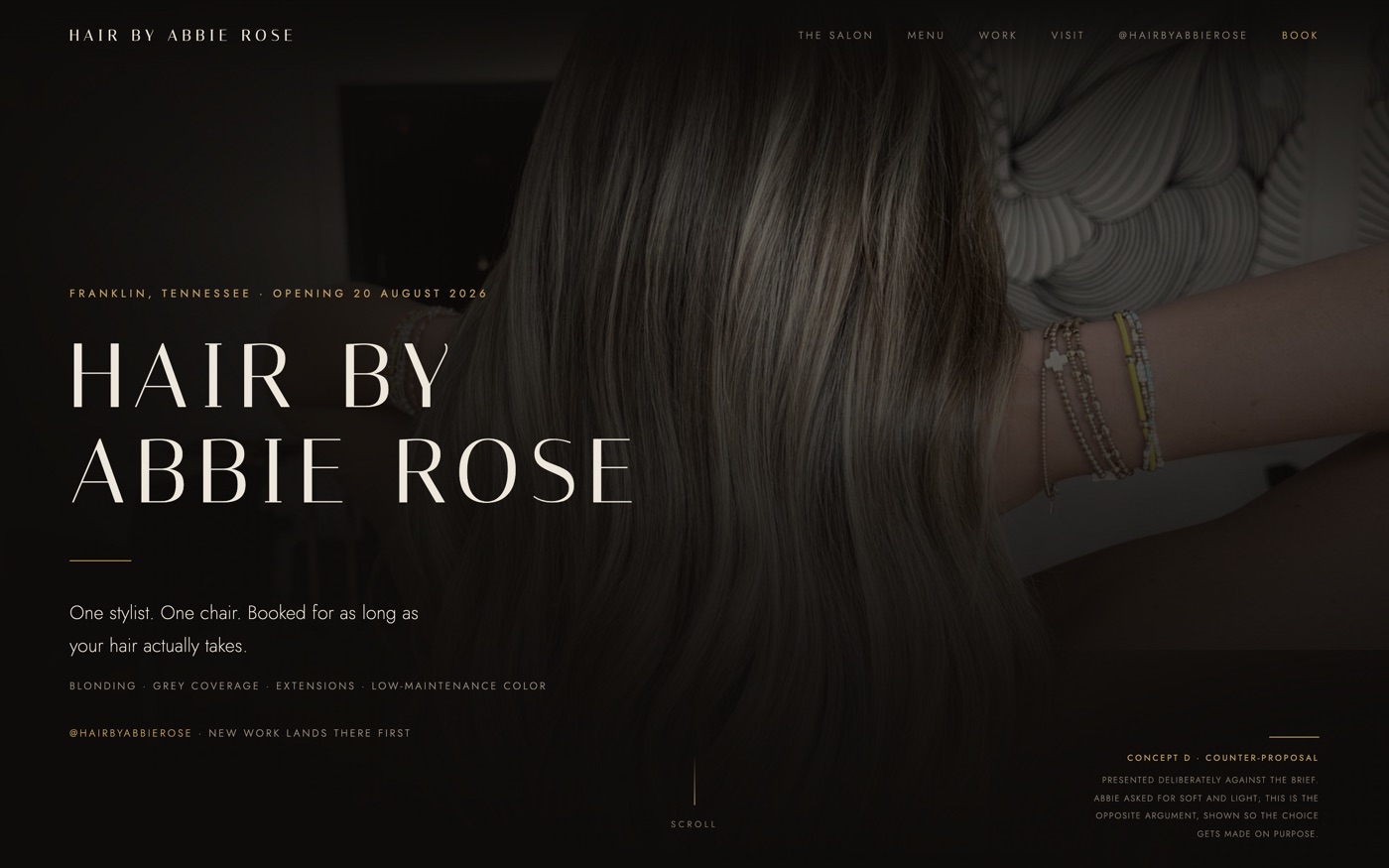 Concept D homepage — dark ground with warm gold lighting