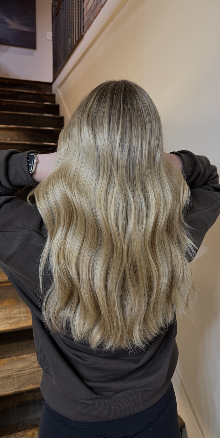 Warm honey blonde, waved through the lengths and worn long.